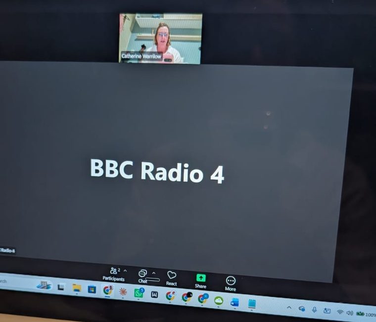 Catherine Warrilow on BBC Radio 4, on-air backdrop showing BBC Radio 4 logo, 24 August 2026